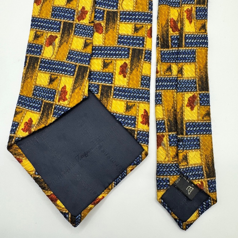 Ermenegildo Zegna Mens Silk Tie Yellow Blue Geometric Floral Weave Italy‎ Luxury - Picture 3 of 9